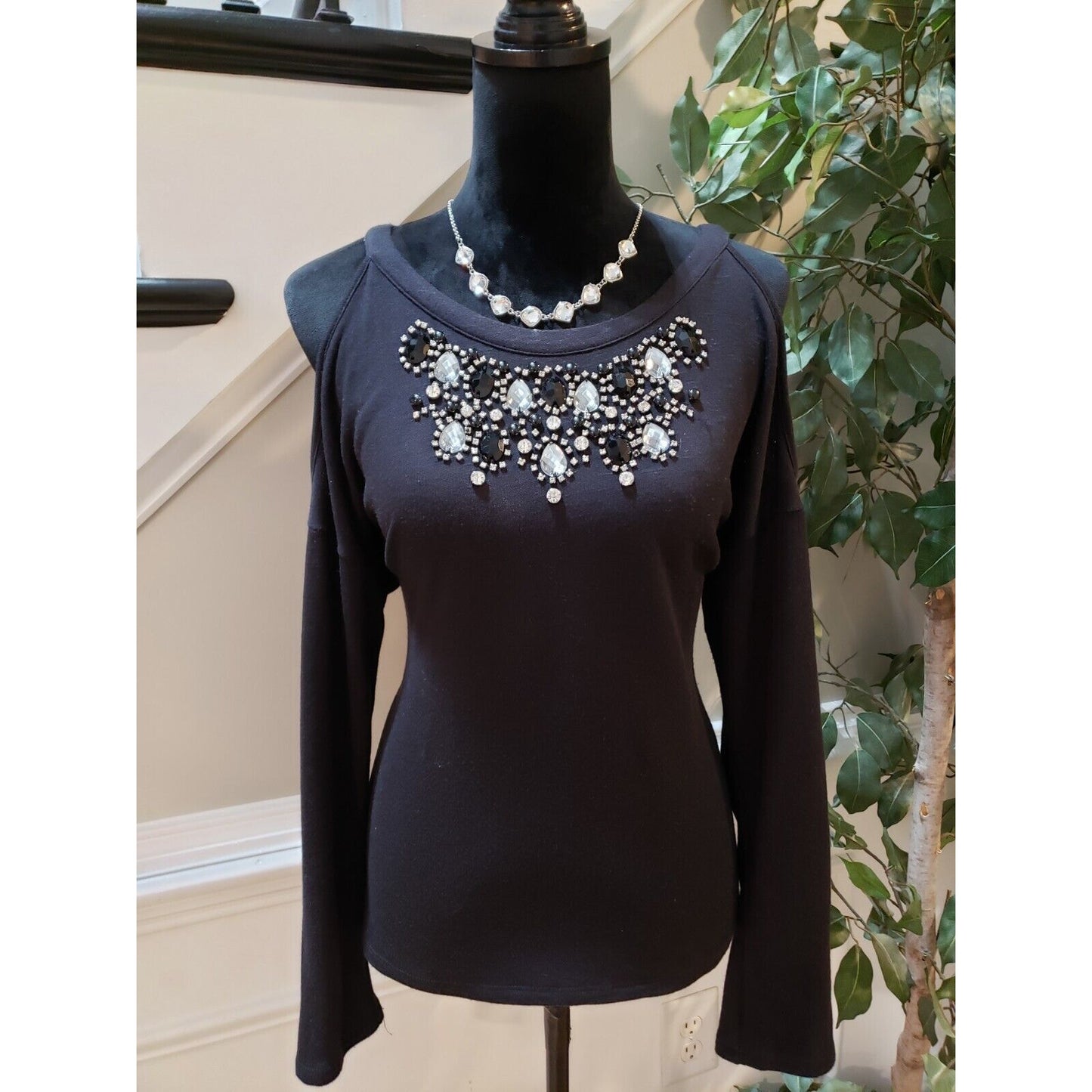 I.N.C. International Concepts Black Rhinestone Cold Shoulder Sweater Small