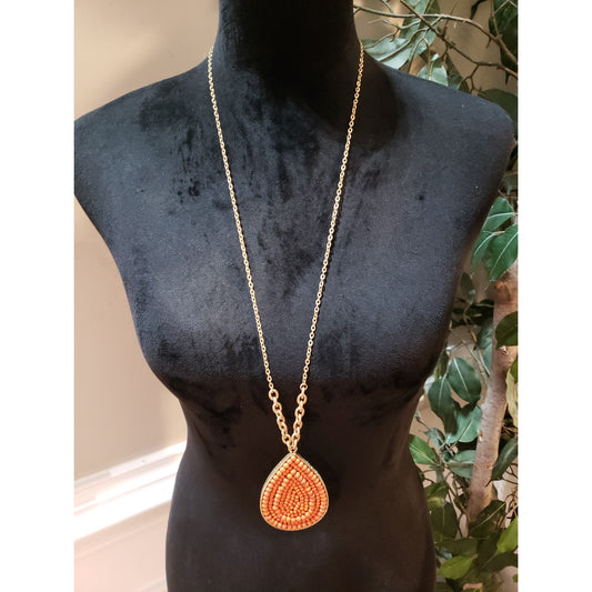 Plunder Women Fashion Coral Wooden Beaded Teardrop Long Pendant Necklace Jewelry