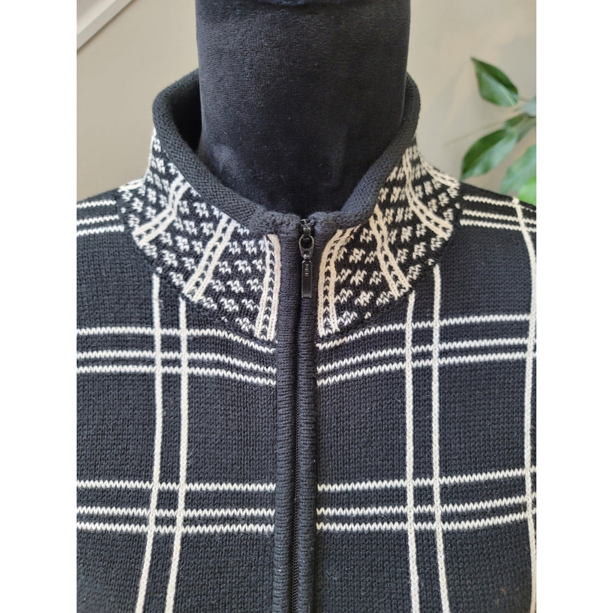 Talbots Cardigan Jacket Women's Small Black Plaid Full Zip Mock Neck Ribbed Hem