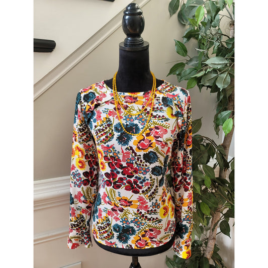 Loft Blouse SP Multi Floral Ruffle Detail Crew Curved Hem Long Sleeve Pullover