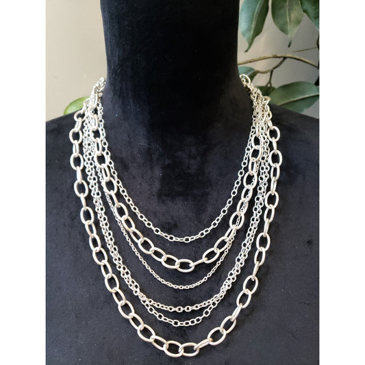 Womens Fashion Retro Silver Tone Multi Layered Chains Statement Necklace Jewelry