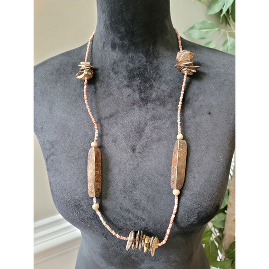 Women's Long Tribal Beaded Necklace With Brown Shell Beads And Barrel Accents