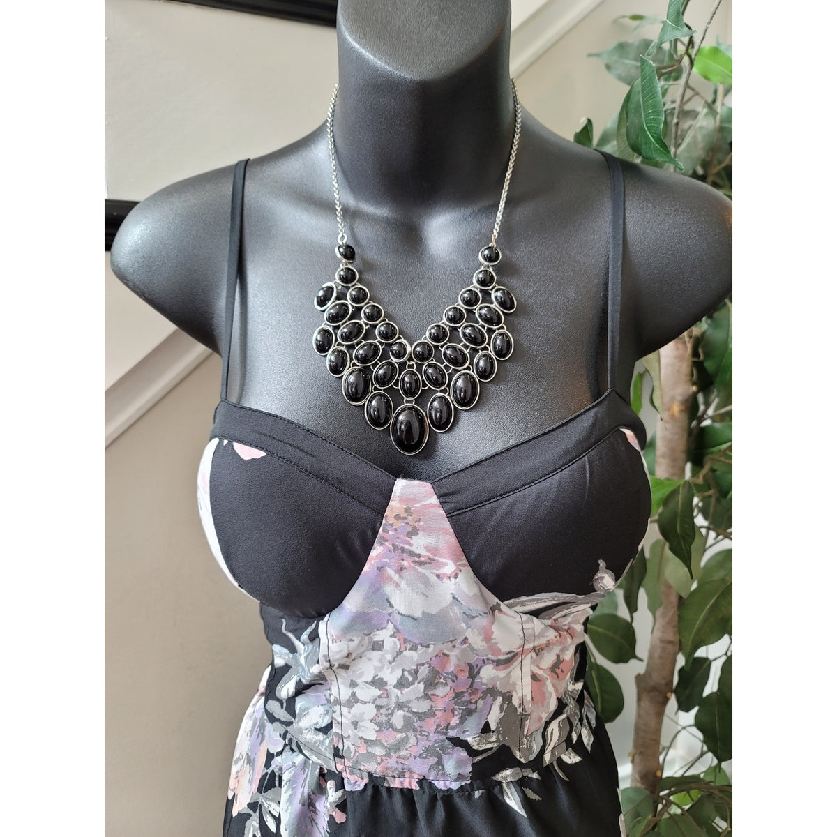 Band of Gypsies Maxi Dress Women's Large Black Floral Bustier Bodice Strappy