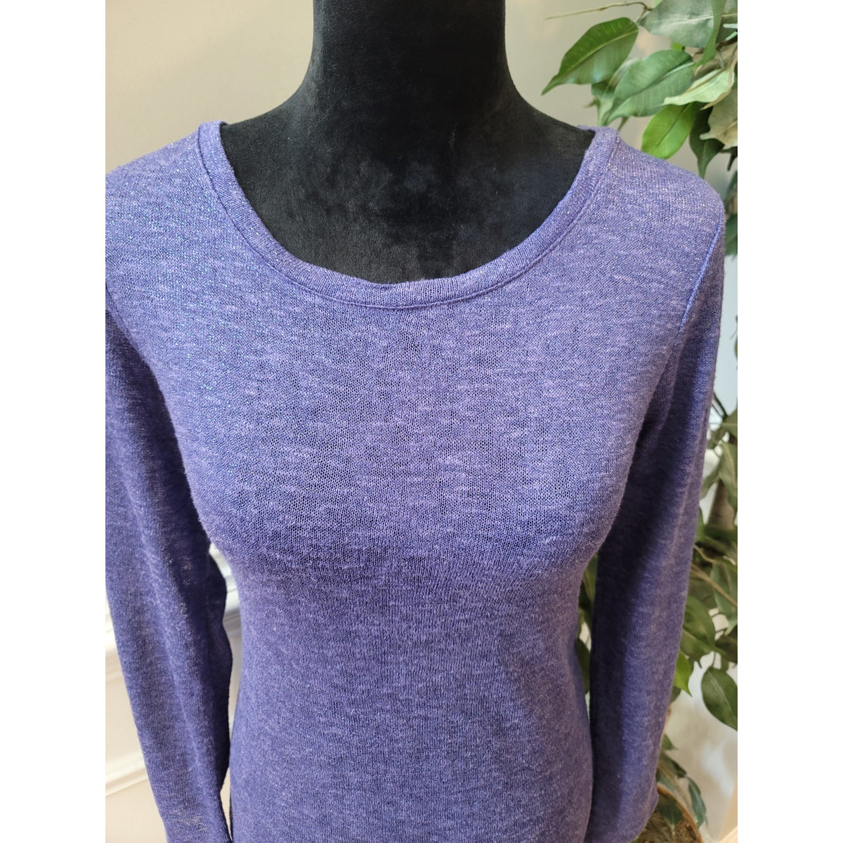 Chico's Sweater 0/S Purple Stretch Knit Scoop Long Sleeve Asymmetric Hem Pullover