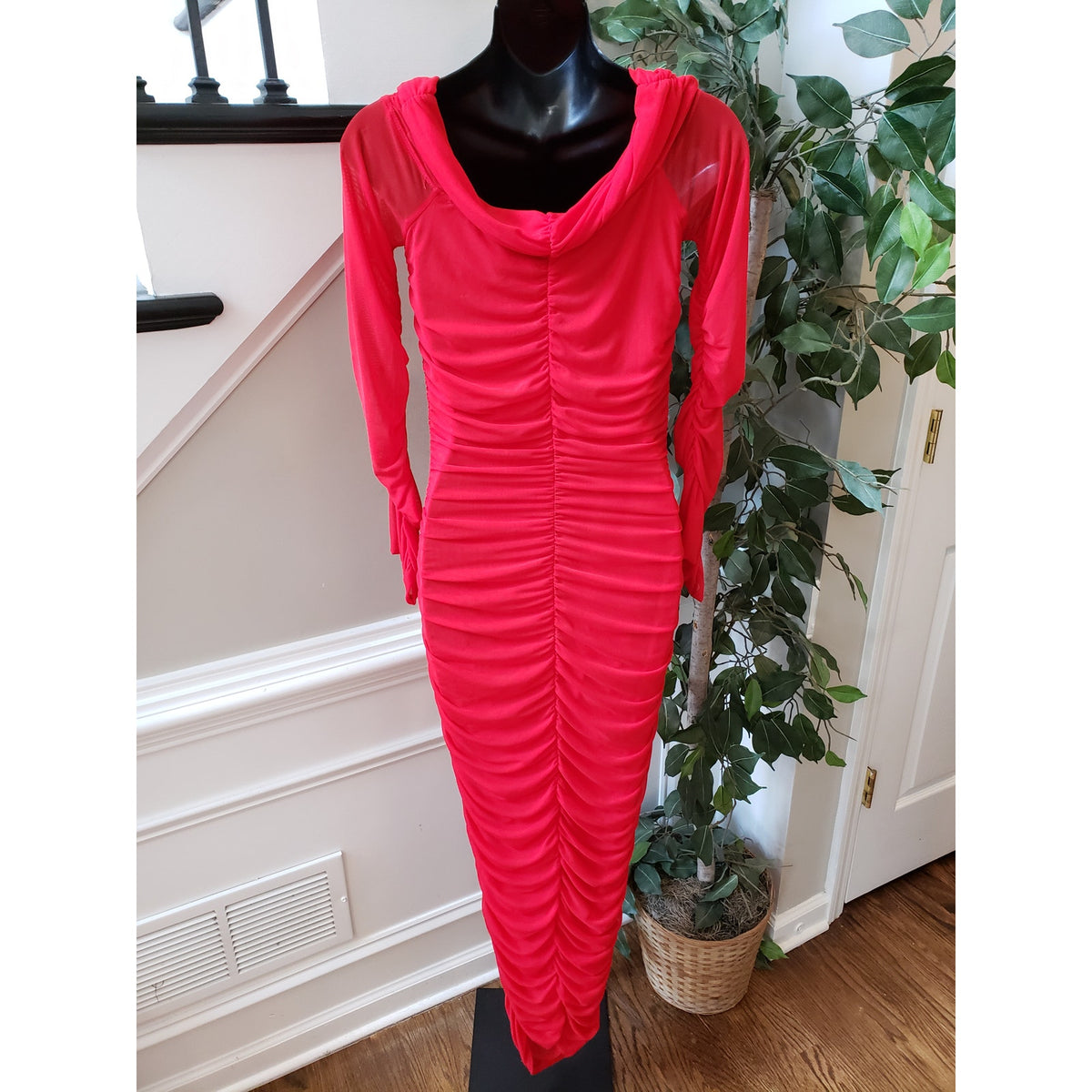 Fashion Nova Slinky Ruched Maxi Dress Womens S Red Cowl Neck Sheer Sleeve Lined