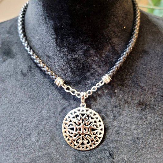 Womens Black Leather Premier Designs Medallion Pendant Necklace w/ Lobster Clasp