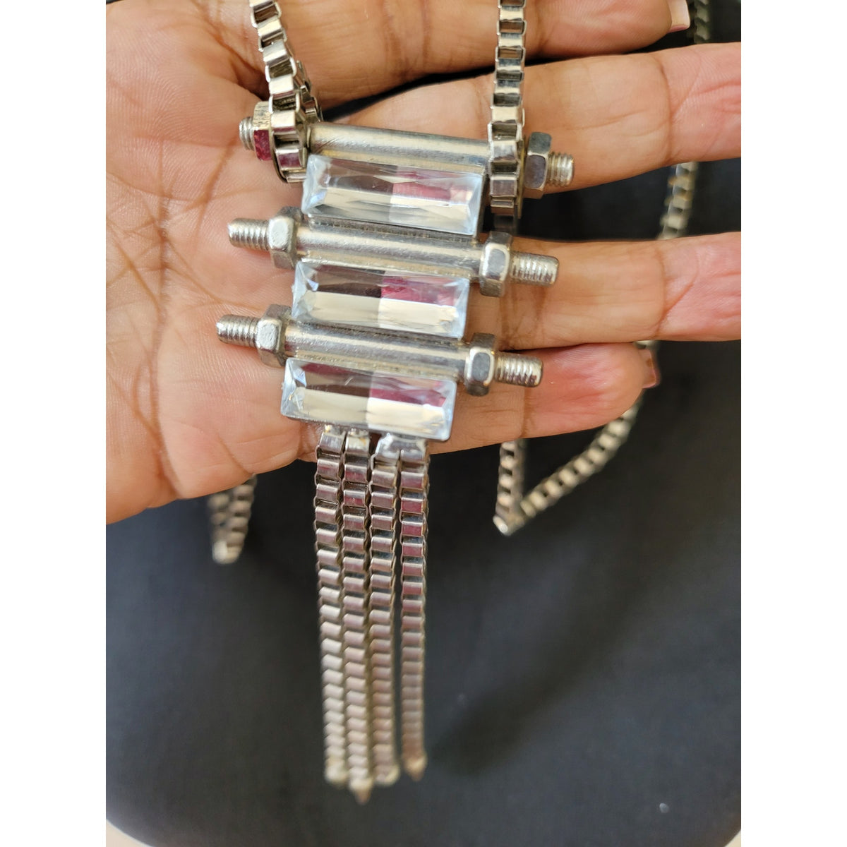 Women's Silver Industrial Chain Necklace With Clear Rectangular Crystal Accents