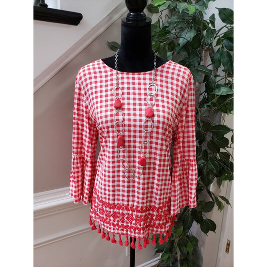 Jodifl Women Red & White 100% Rayon Casual Round Neck Long Sleeve Top Blouse M