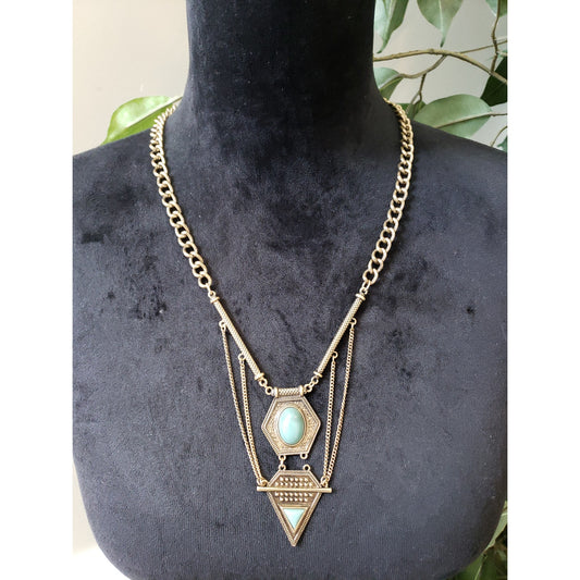 Women Gold Tone Tribal Geo Turquoise Chain Link Pendant Necklace Jewelry Lobster