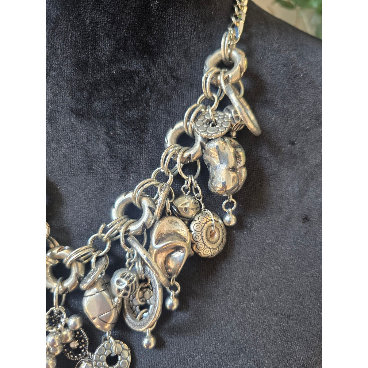 Antique Silver Tone Boho Medallion Charm Statement Necklace Beaded Pendant