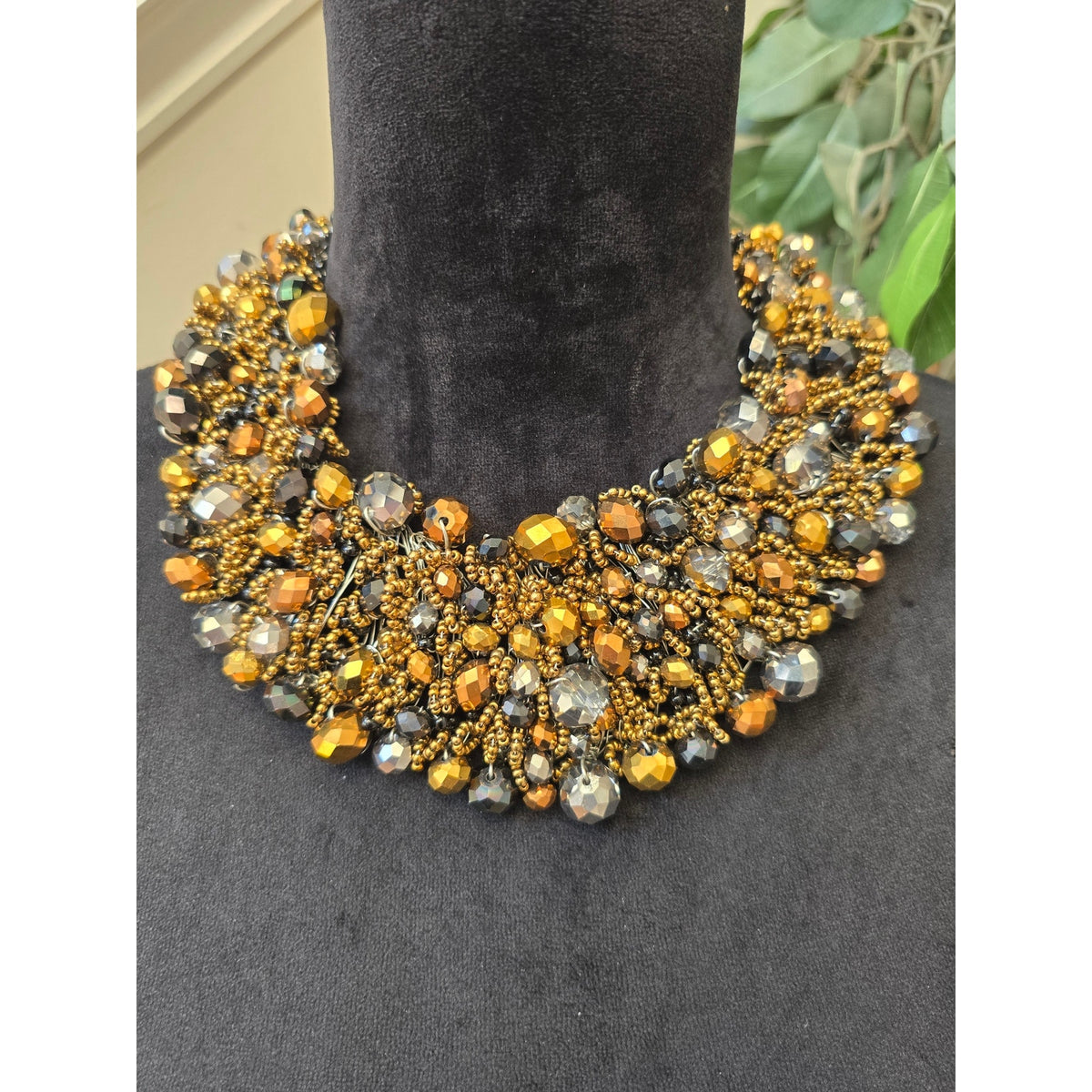 Aldo Gold Amber Bronze Crystal Beaded Layered Bib Collar Necklace