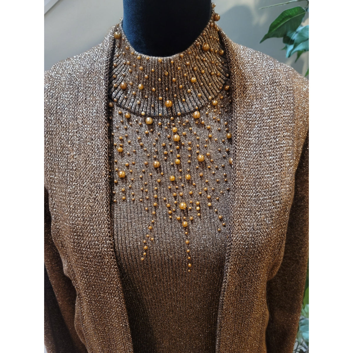 Investment 2 Pc Cardigan Sweater Women Medium Brown Ribbed Back Zipper Mock Neck