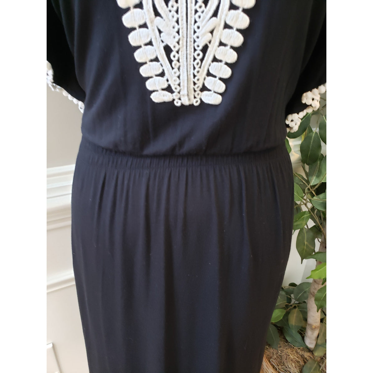 Spense Sheath Dress Women Medium Black Lace Trim V Neck Short Sleeve Cinch Waist