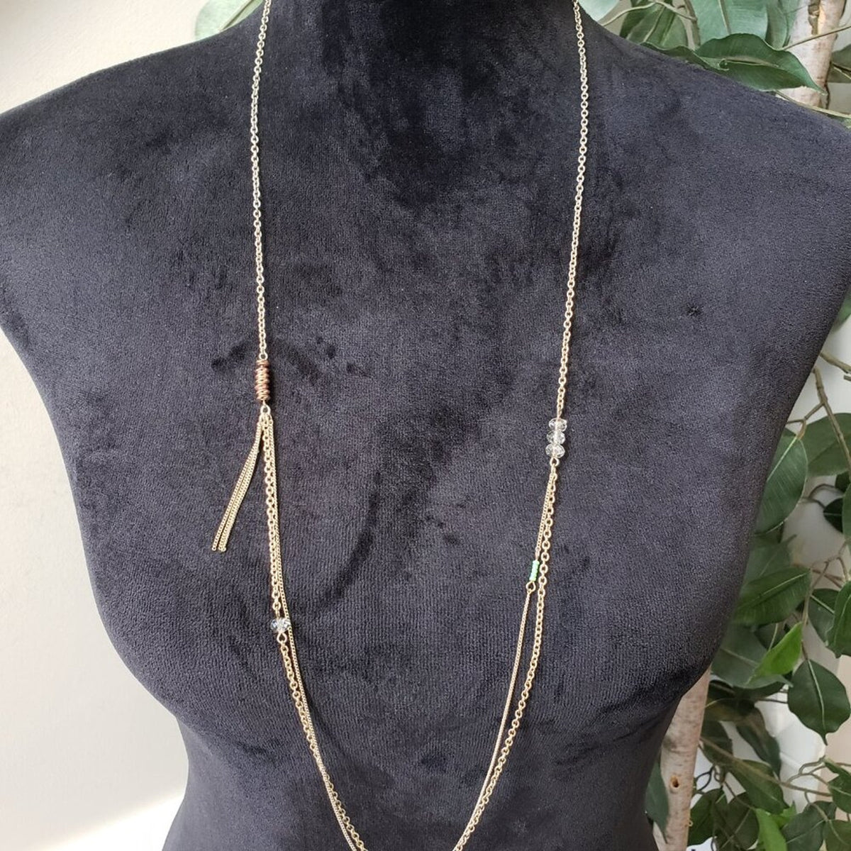 Womens Fashion Clear Crystal Gold Tone 2 Layer Chain Necklace with Lobster Clasp
