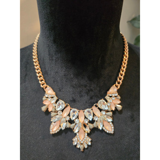 Women's Statement Necklace Crystal Floral Design with Lobster Clasp Lock Gold