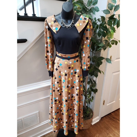 Women's Multi Geo Print Stretch Peter Pan V-Neck Raglan Sleeve Long Maxi Dress S