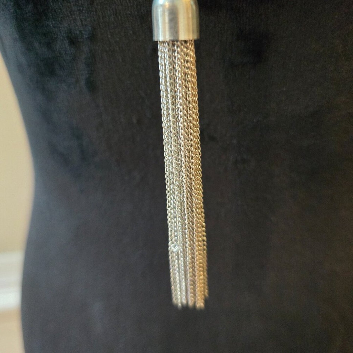 Womens Long Silver Tone Orb & Tassel Pendant Statement Necklace Lobster Clasp