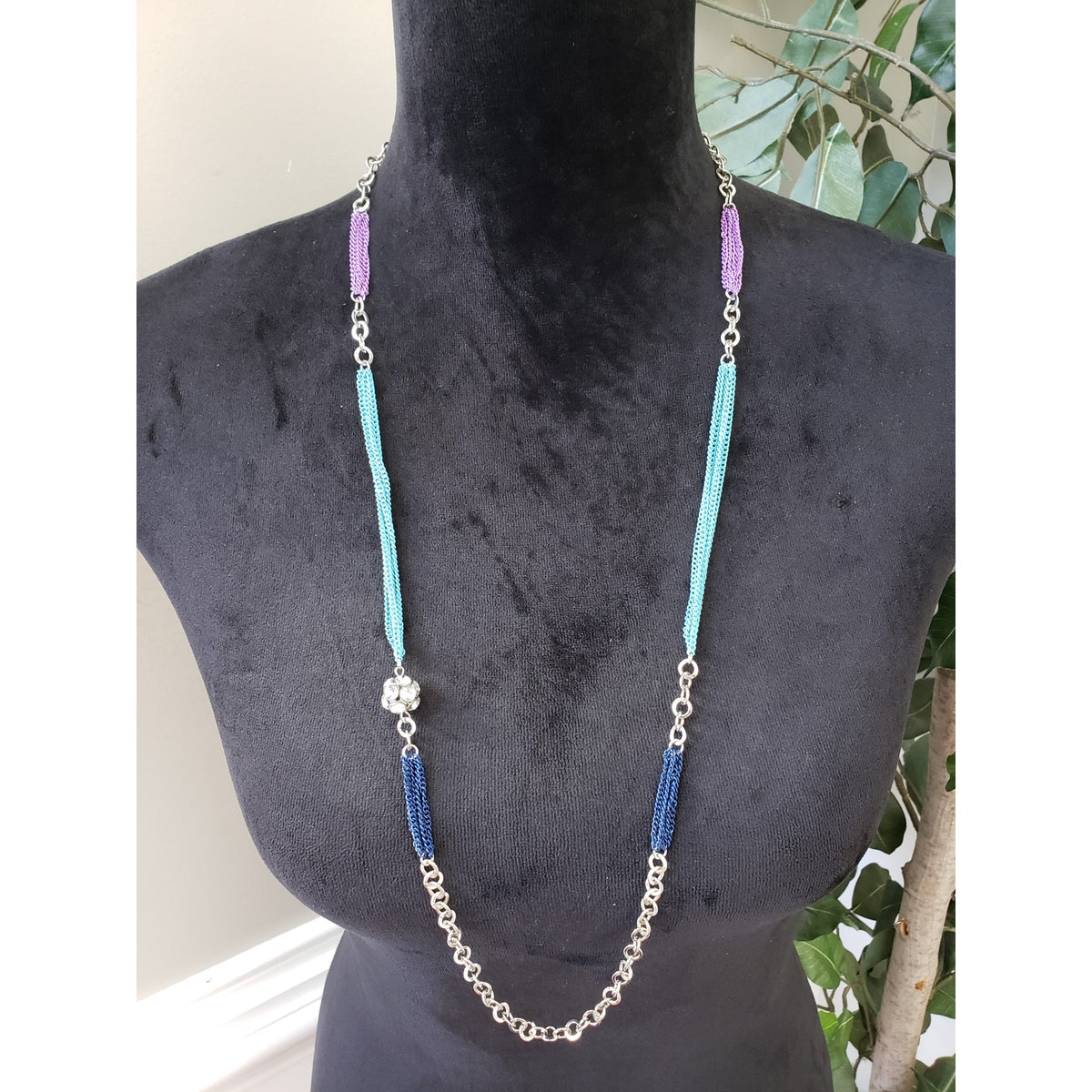 Womens Silver Tone Rhinestone Multi Chains Circle Link Necklace w/ Lobster Clasp