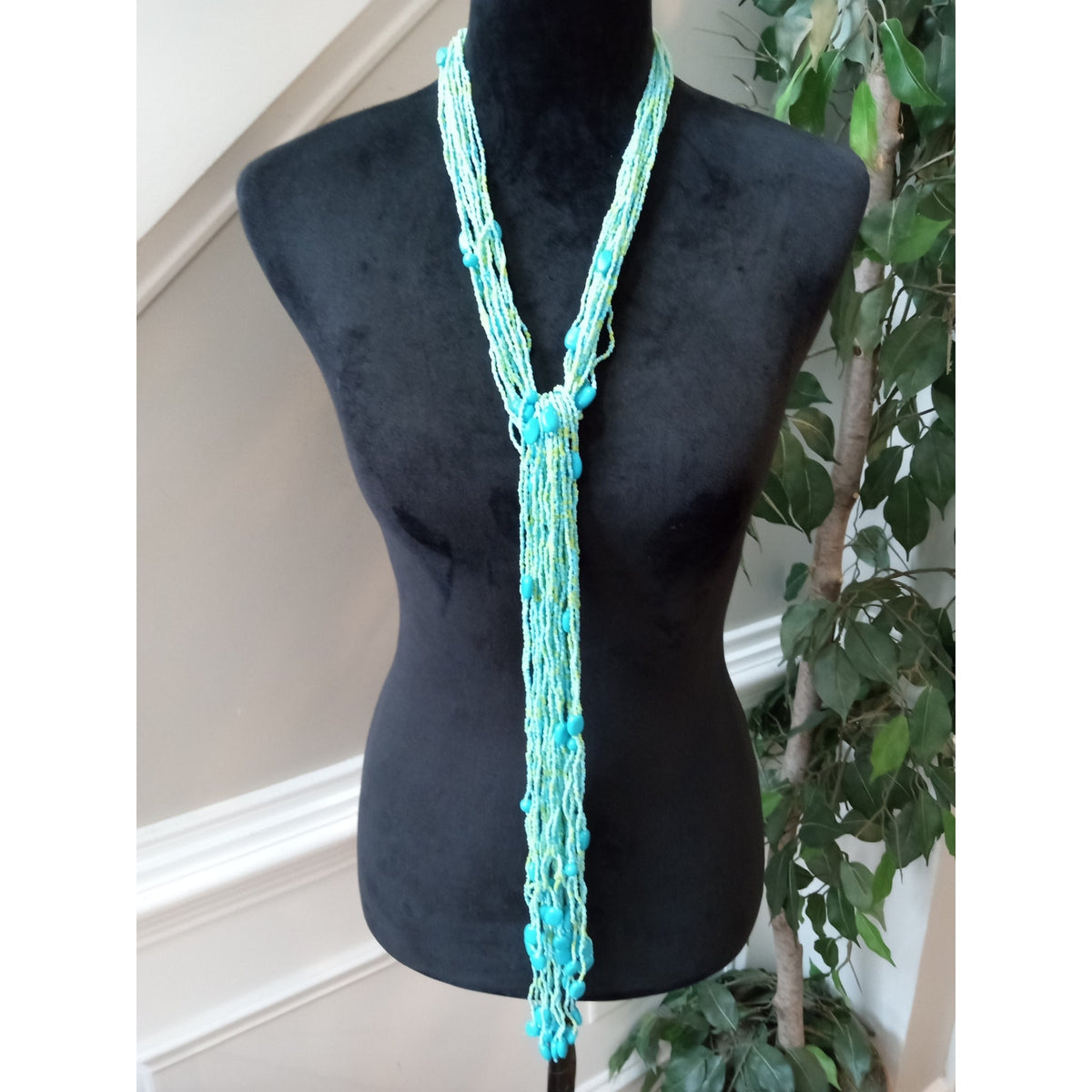Long Turquoise Seed Bead Multi Strand Lariat Necklace Boho Statement Jewelry