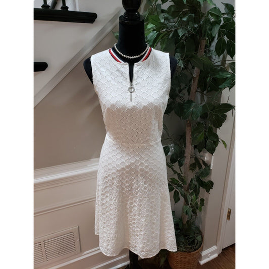 Tommy Hilfiger Womens White Eyelet Sleeveless Half Zip Front A Line Dress Size M