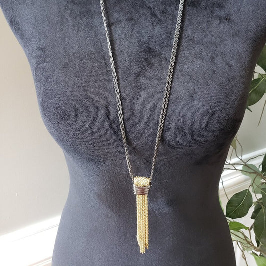Stella & Dot Pewter Strand Chain Gold Tone Tassel Necklace with Lobster Clasp