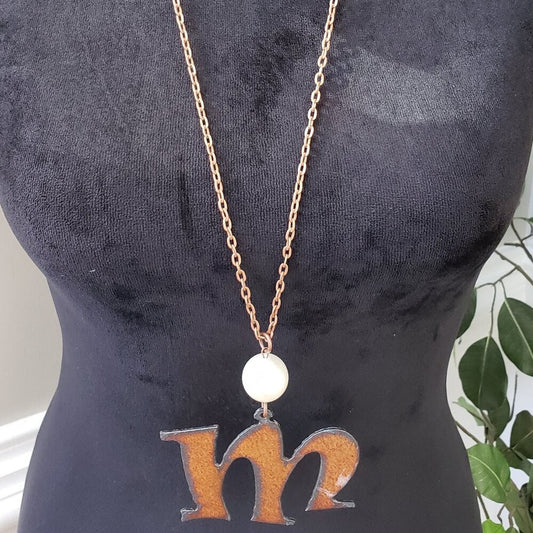 Womens Gold Tone Faus Pearl M Letter Long Pendant Necklace with Lobster Clasp