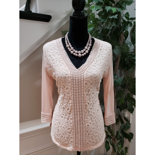 Roz & Ali Women Pink Polyester Embroidered Lace V Neck Long Sleeve Top Blouse PL