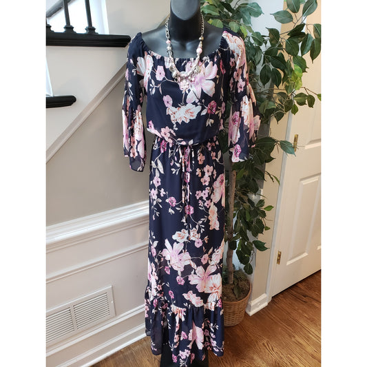 Eliza J Long Maxi Dress Women 4 Blue Floral Off Shoulder Neck Bell Sleeve Ruffle