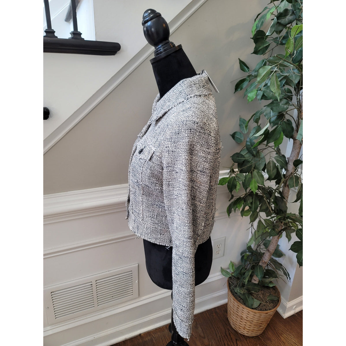 Milly Tweed Jacket Women's Small Gray Heathered Flap Pockets Button Up Front