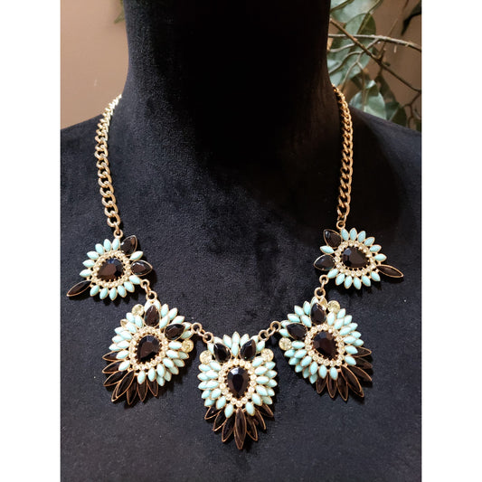 Women Black Blue Acrylic Beads Crystal Peacock Feathers Shape Statement Necklace