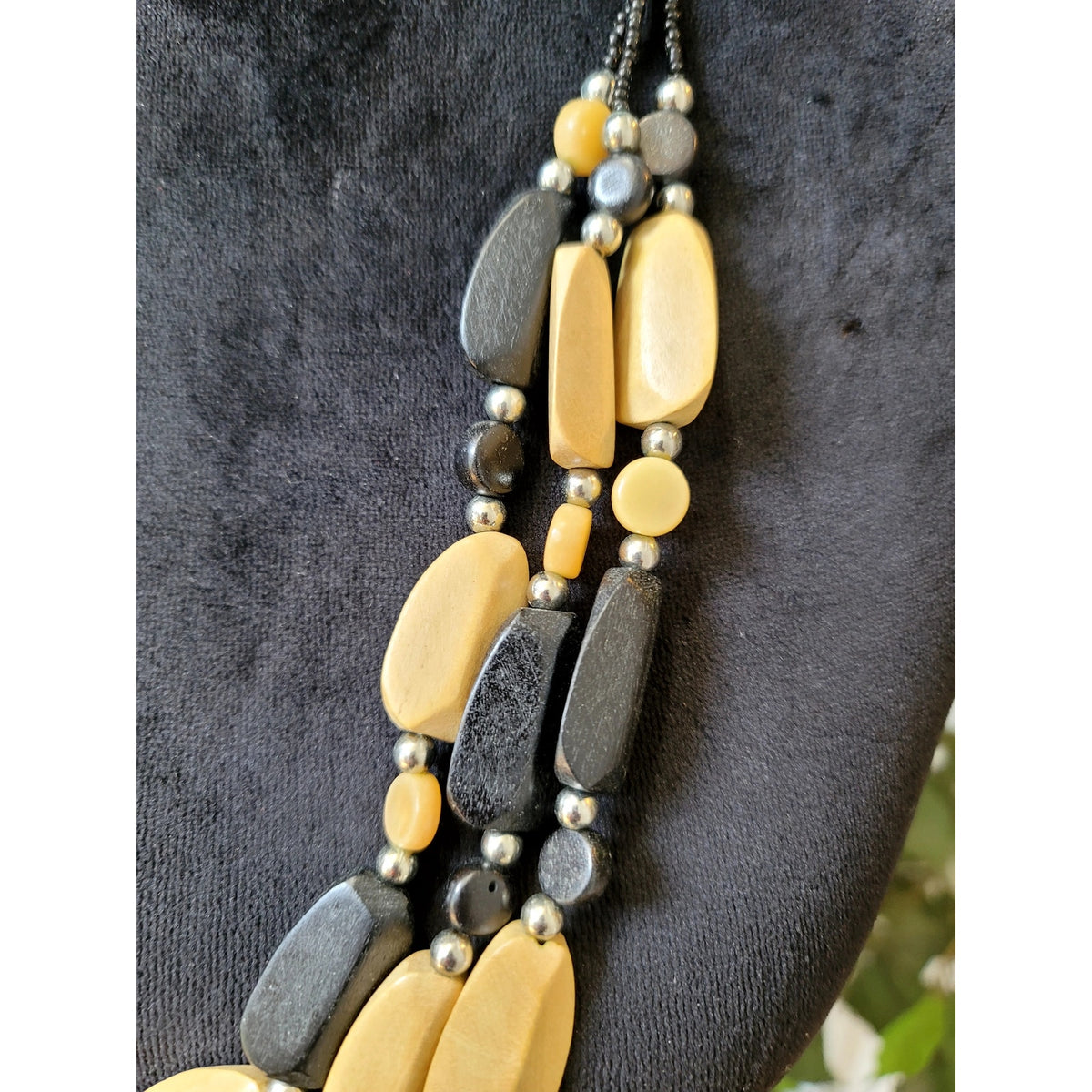 Black & Tan Wooden Beaded Multi-Strand Necklace Layered Boho Tribal Statement