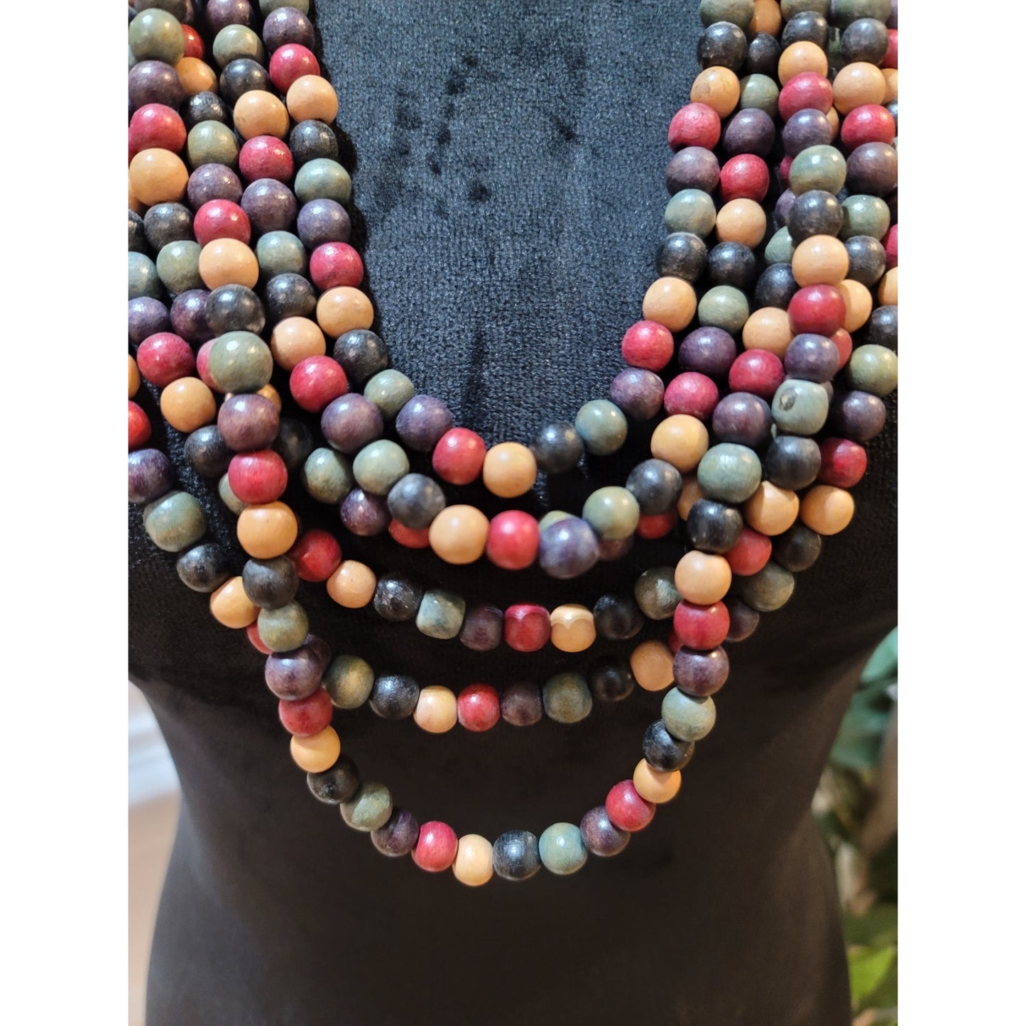 Women Multicolor Wooden Beaded Necklace Multi Strand Jewelry With Lobster Clasp