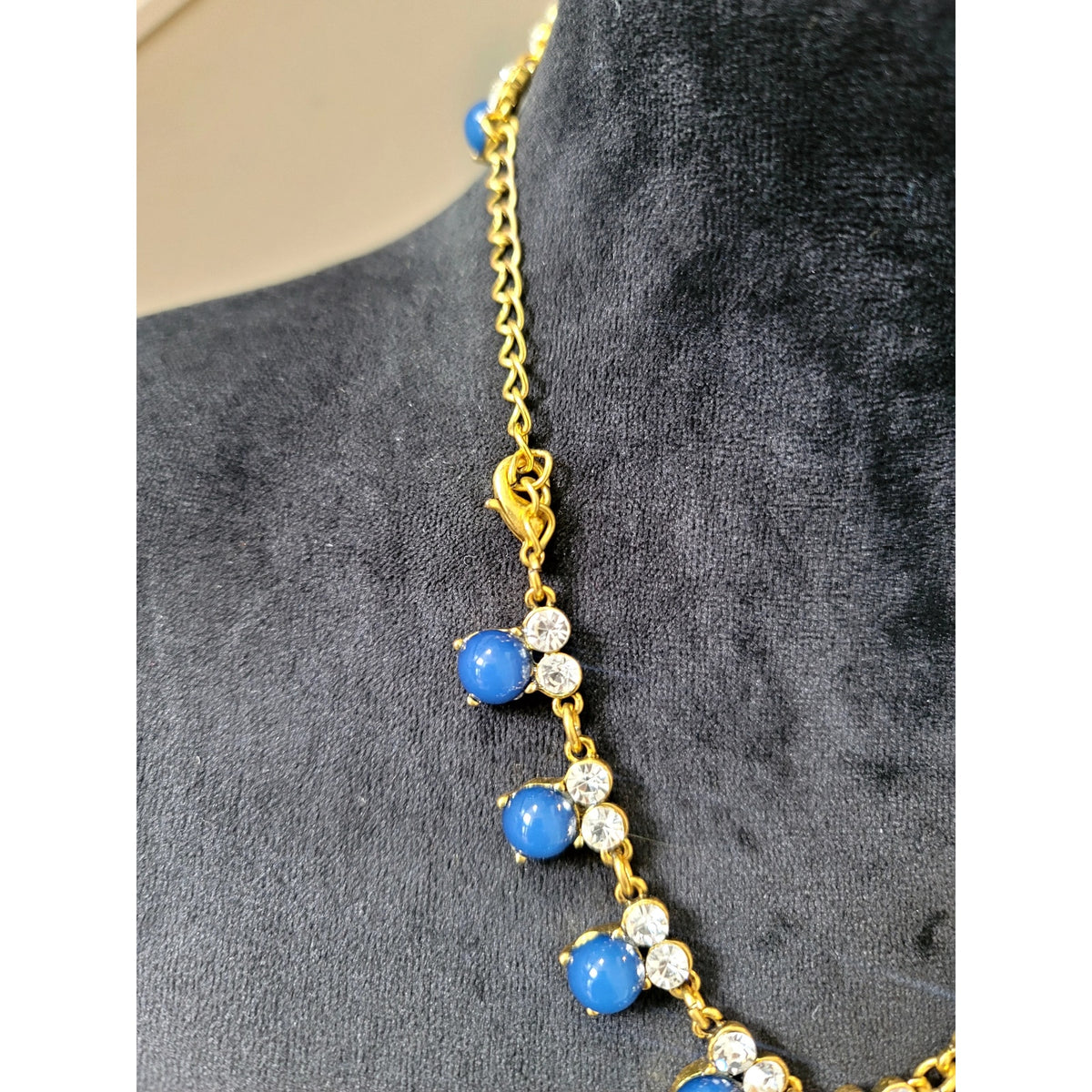 Blue Mint Green Rhinestone Floral Statement Necklace Gold Tone Bib Jewelry