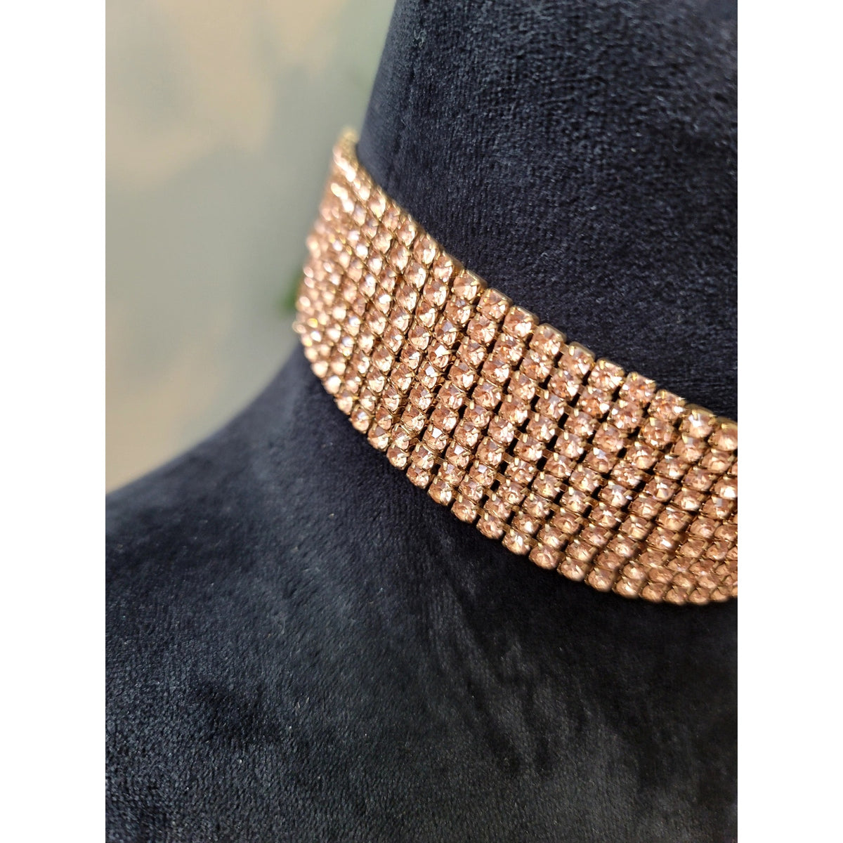 Wide Gold Tone Rhinestone Choker Necklace Sparkling Multi Row Statement Jewelry