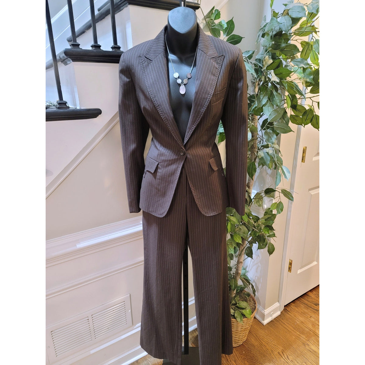 Anne Klein Pant Suit Women SZ 6 Brown Pinstripe Single Button Blazer Welt Pocket