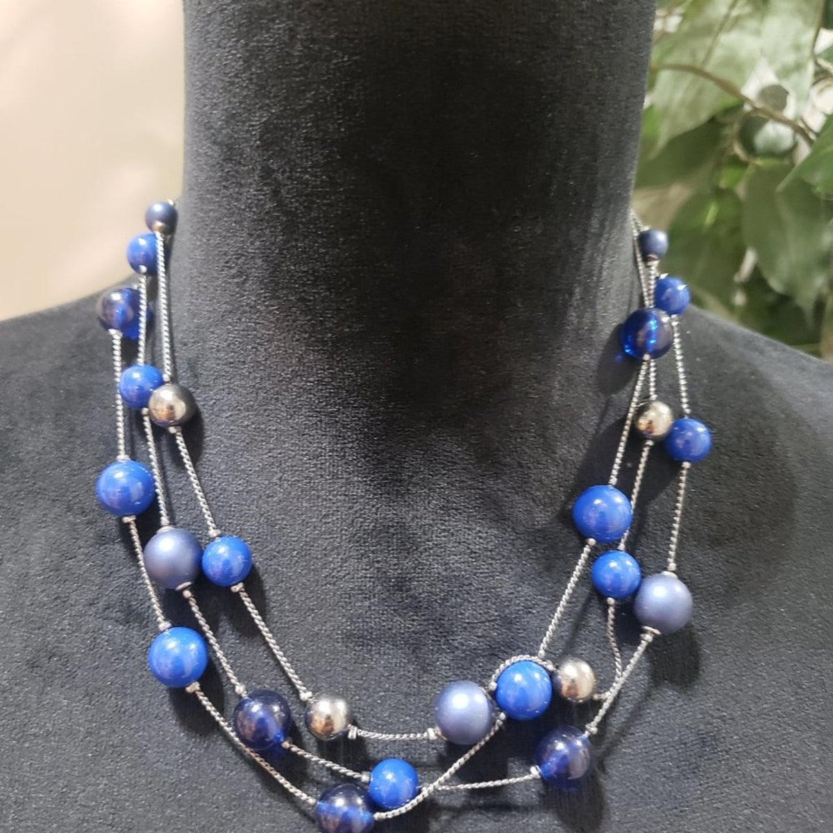Women Triple Layered Blue and Silver Color Charm Beads Statement Choker Necklace