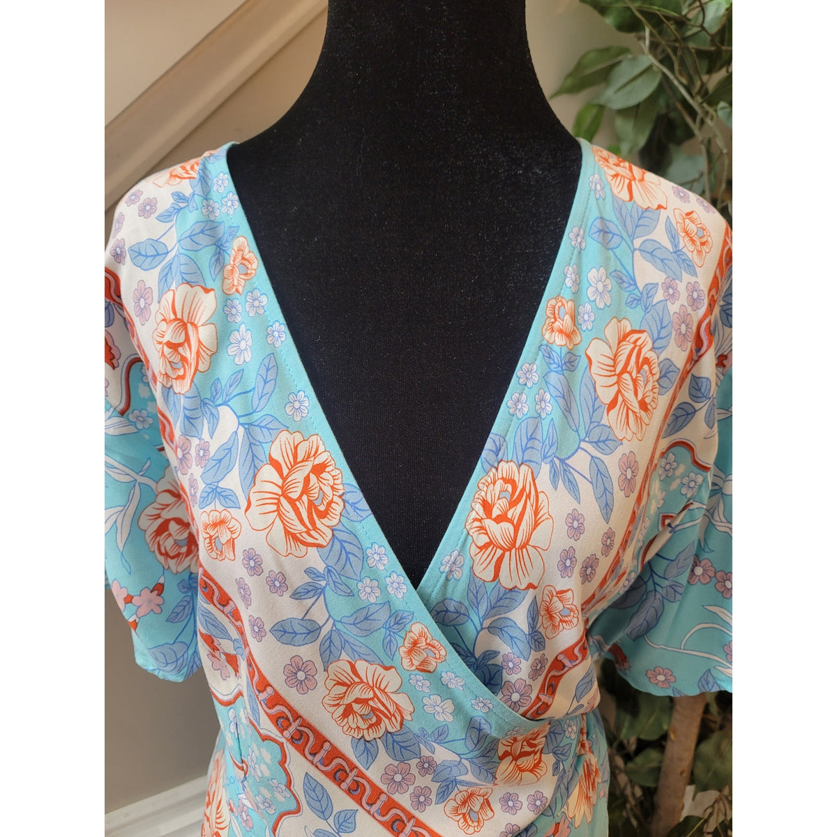 Zesica Dress Womens XL Blue Floral Wrap Short Sleeve Boho Midi Summer Rayon