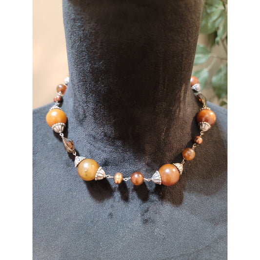 Women's Brown Beaded Necklace with Lobster Clasp Elegant Gemstone Jewelry