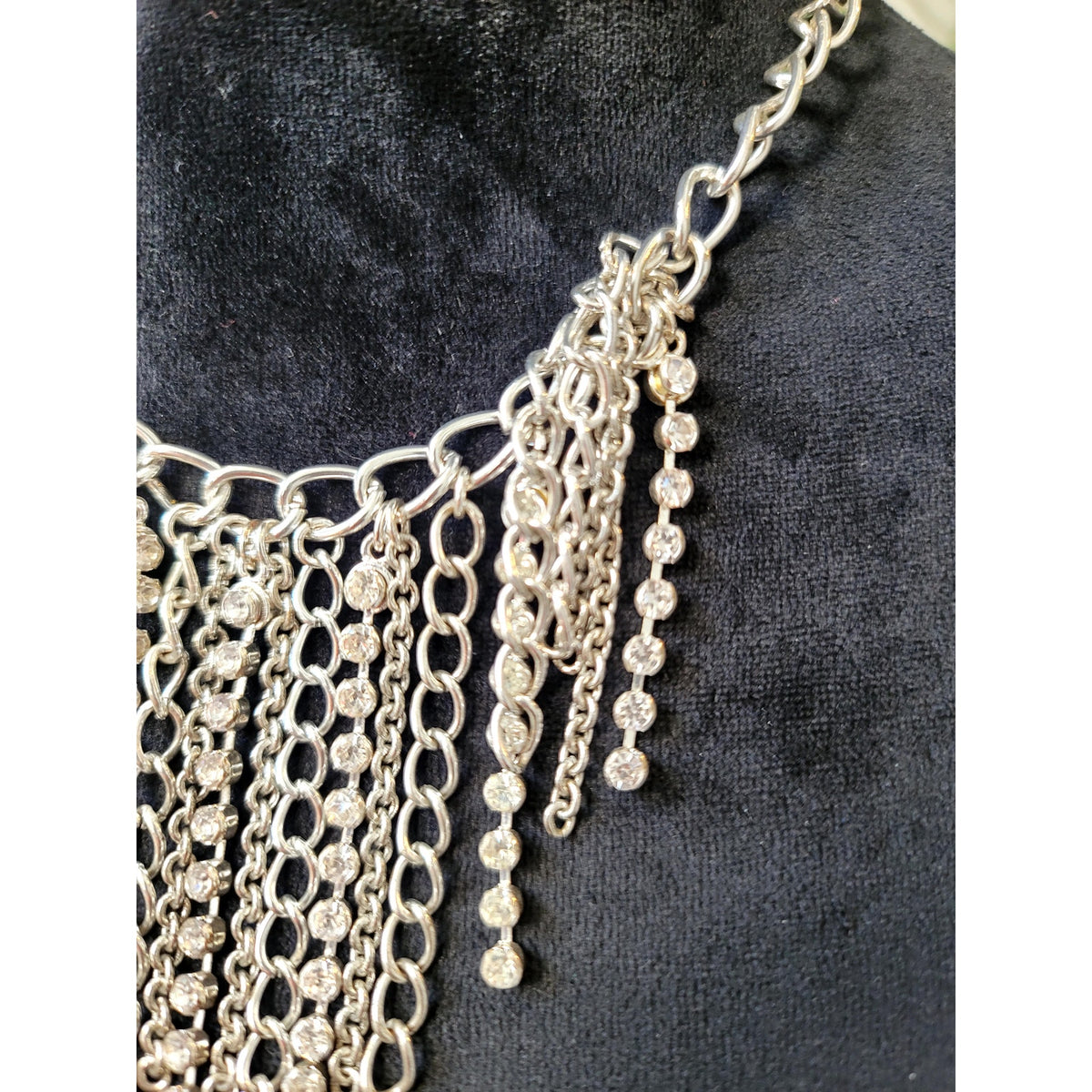 Women's Silver Rhinestone Chain Fringe Statement Bib Necklace Fashion Jewelry