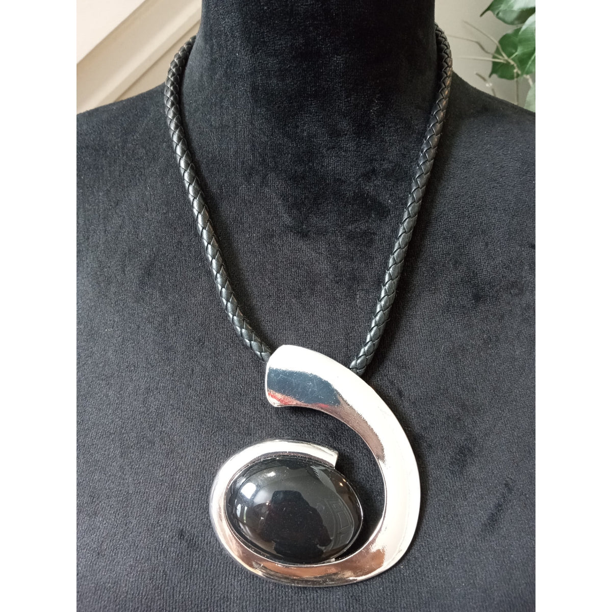 Silver Tone Abstract Swirl Pendant Necklace Black Cord Modern Statement Jewelry