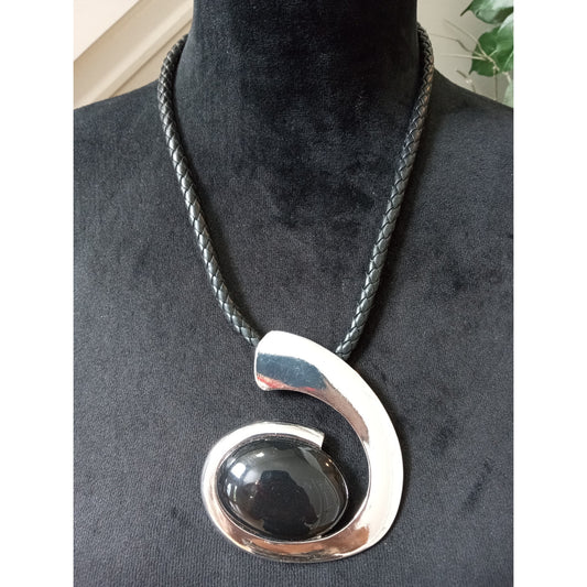 Silver Tone Abstract Swirl Pendant Necklace Black Cord Modern Statement Jewelry