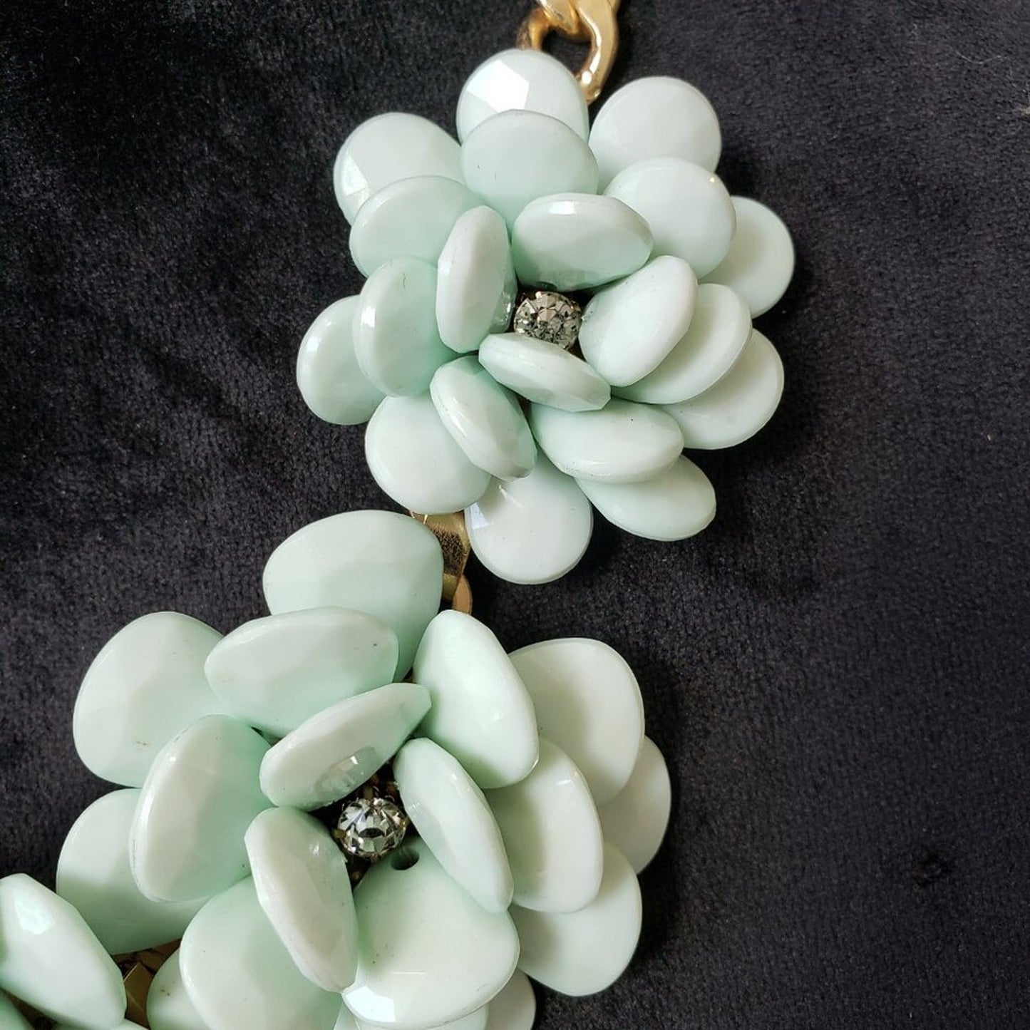 Womens Green Faceted Bead & Rhinestone Floral Statement Necklace Lobster Clasp