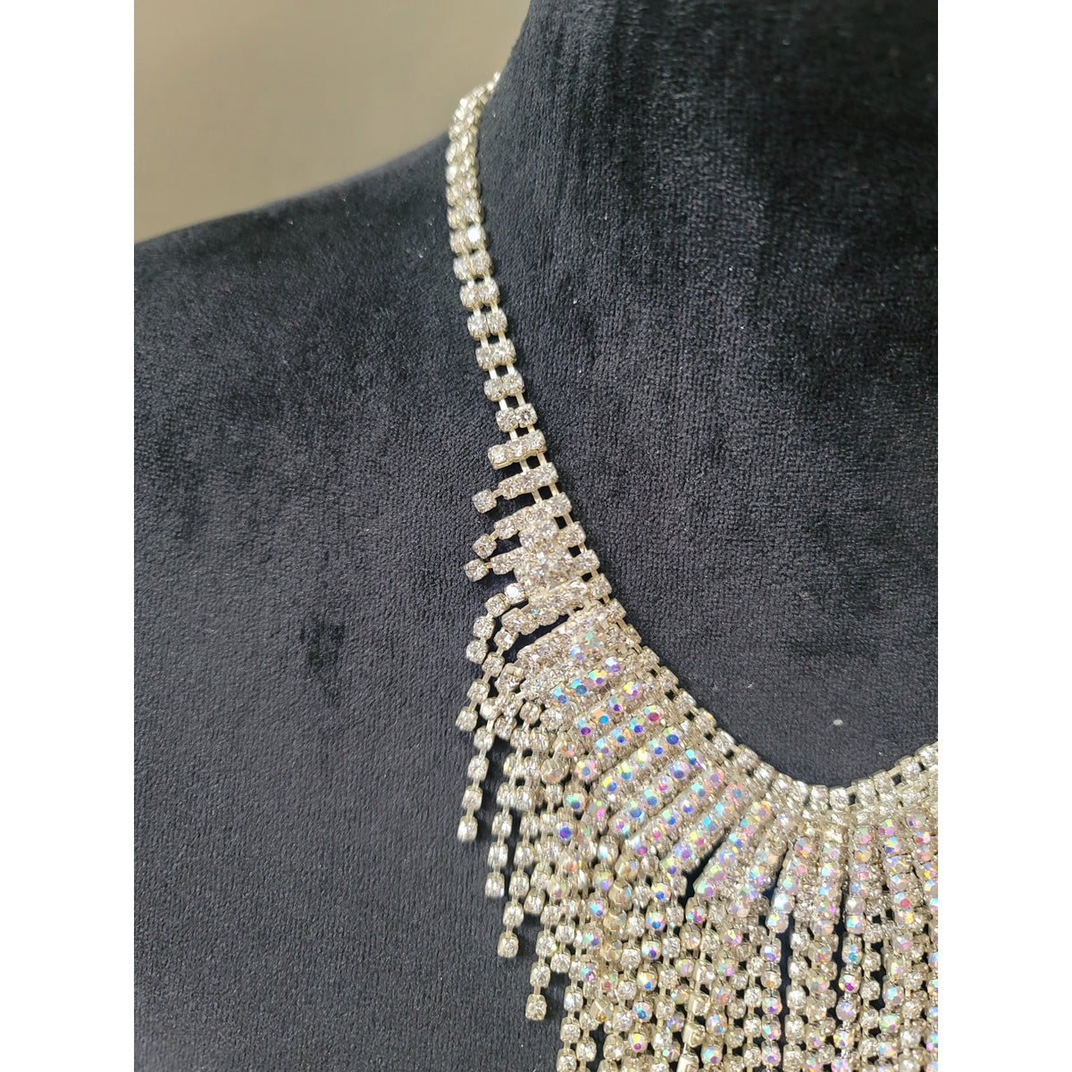Women's Silver Tone AB Rhinestone Fringe Bib Statement Necklace Jewelry