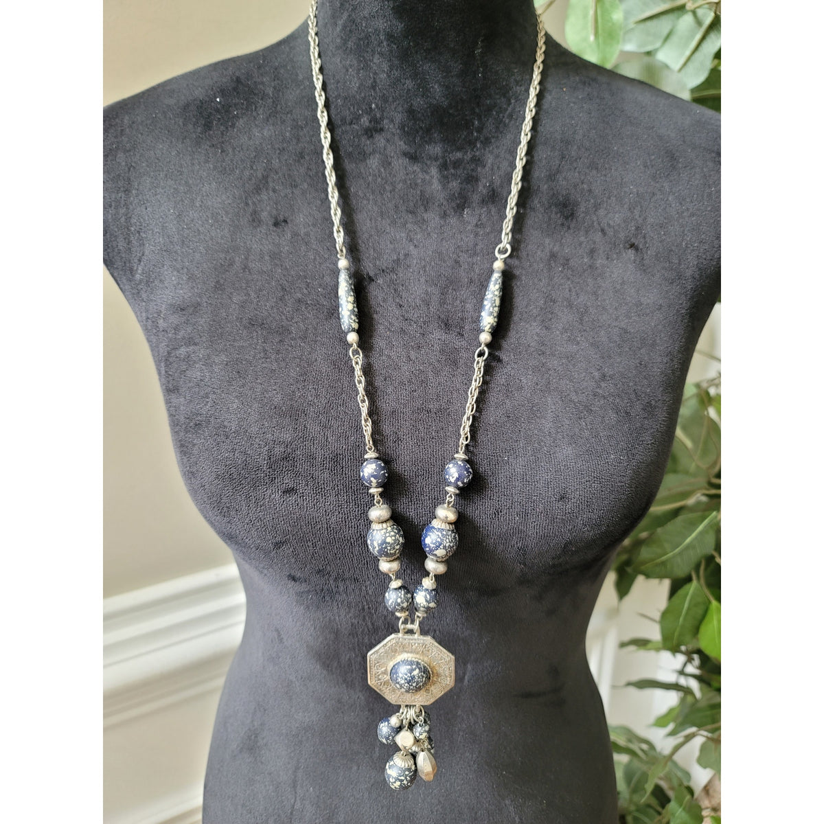 Women's Silver Chain Necklace With Blue Speckled Beads And Lobster Claw Lock