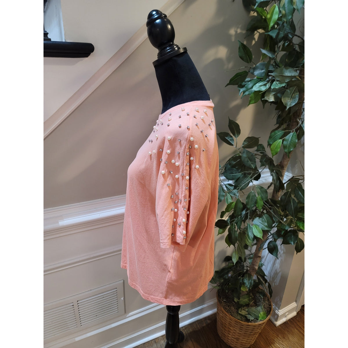 INC Blouse Top Women's Medium Peach Rhinestone Pearl Half Sleeves Crew Neck