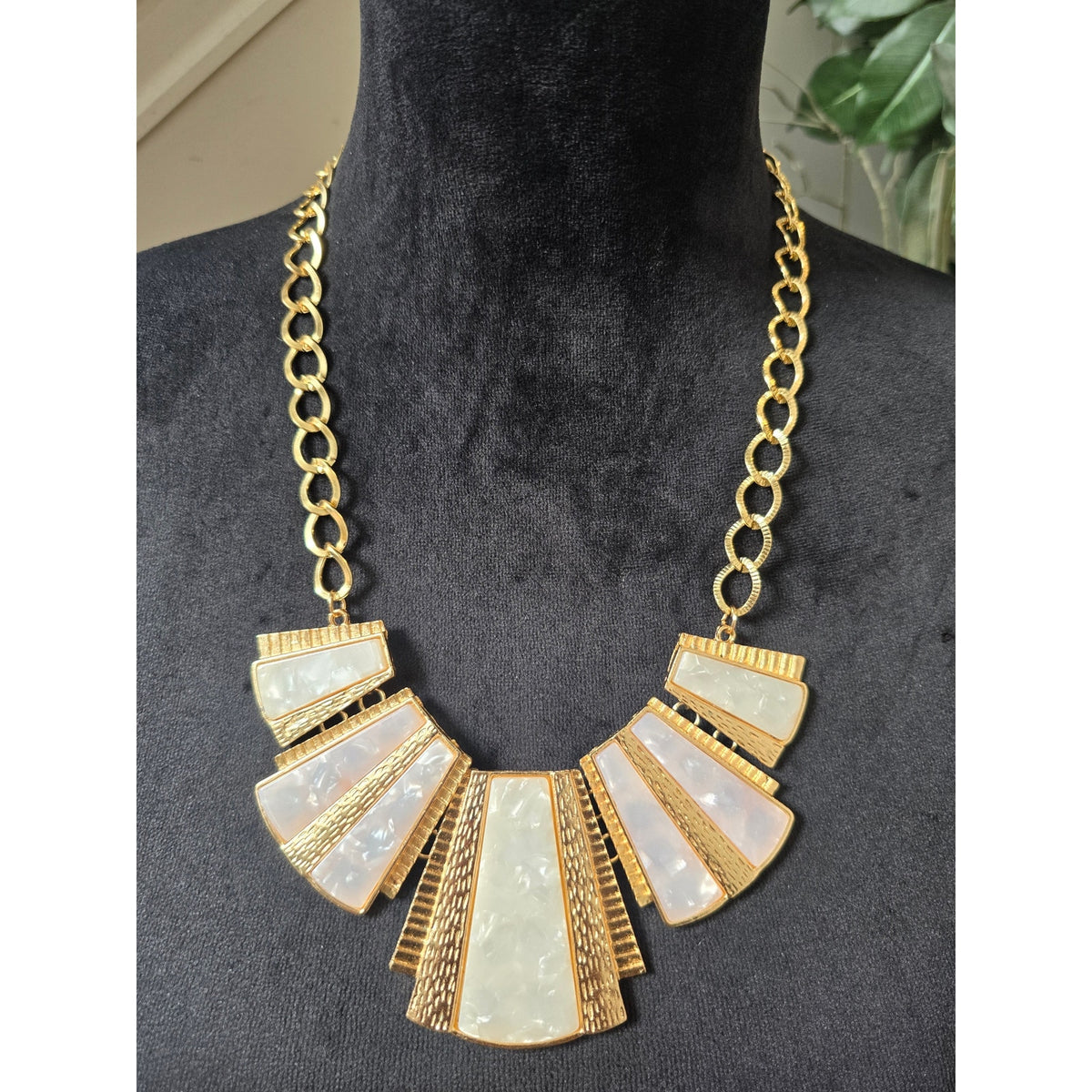 Gold Tone Cream White Enamel Geometric Fan Art Deco Collar Necklace