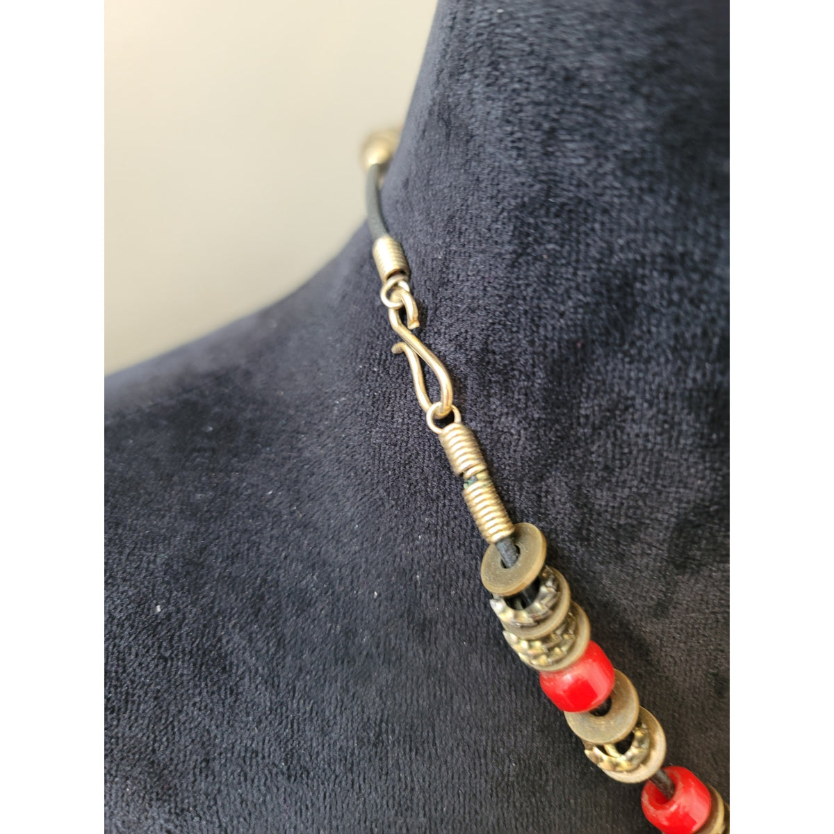 Women's Chunky Red Beaded Statement Necklace With Antique Brass Hook Lock Design
