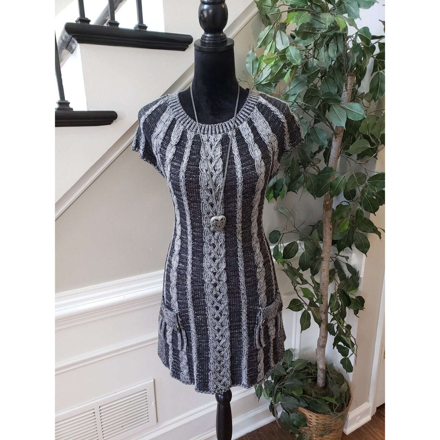 Style & Co. Women's Black Striped Cotton Round Neck Sleeveless Sweater Dress PL