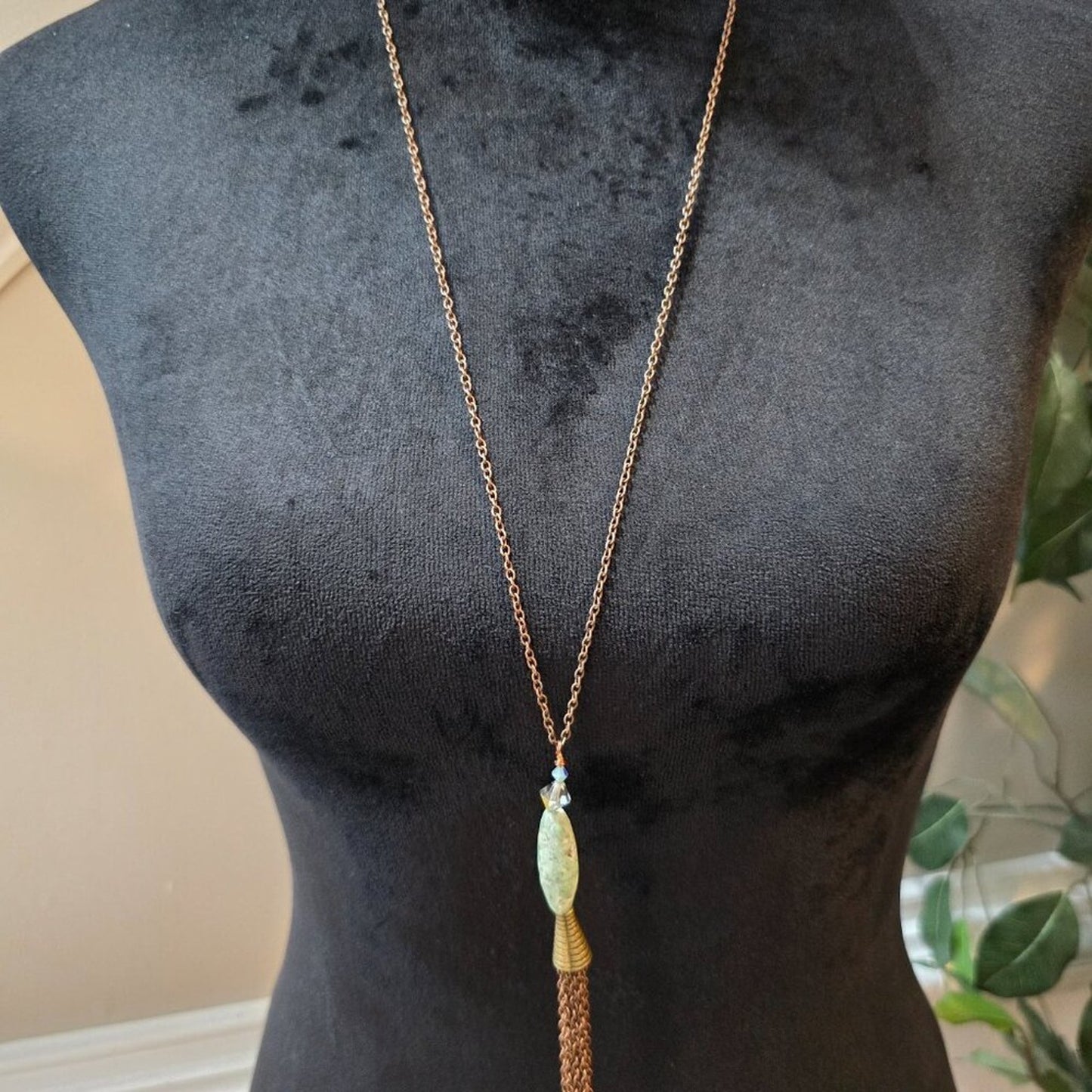 Women's Fashion Long Chain Gold Tone Prehnite Stone Pendant Tassel Necklace