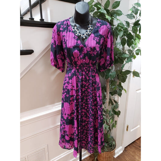 Maison Tara Women Black Pink Floral Back Zip Short Sleeve Long Midi Dress Size 4
